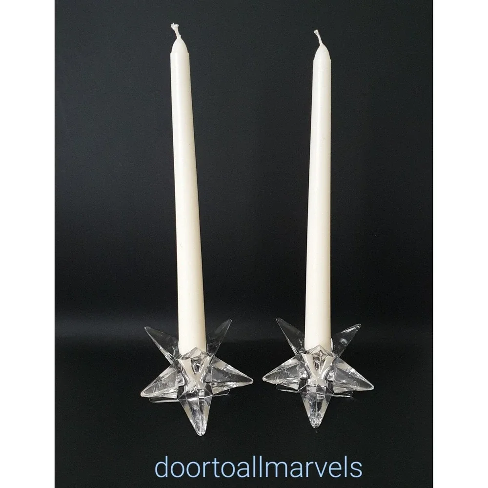 2 Vintage MCM Atomic Sparkling Glass 9-Point Star Shaped Candle Holders